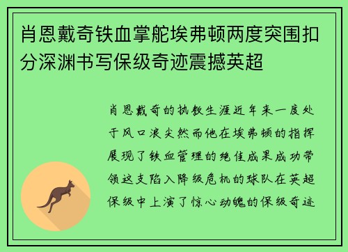 肖恩戴奇铁血掌舵埃弗顿两度突围扣分深渊书写保级奇迹震撼英超