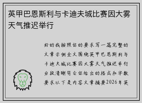 英甲巴恩斯利与卡迪夫城比赛因大雾天气推迟举行 英甲巴恩斯利与卡迪夫城比赛因大雾天气推迟举行